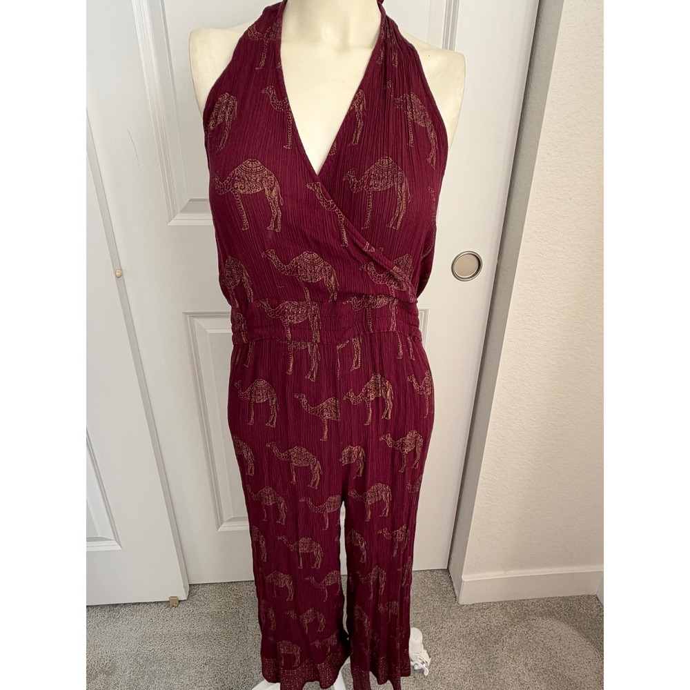 Earthbound Trading Burgundy Gold Camel Print Halter Neck Jumpsuit Small Boho